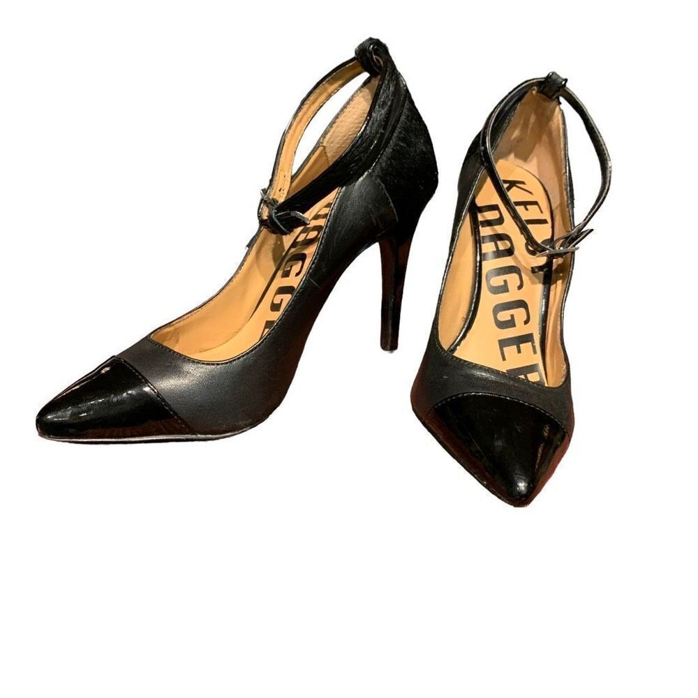 Kelsi Daggers Pumps Black Pointed Toe Ankle Strap Leather and Patent Leather